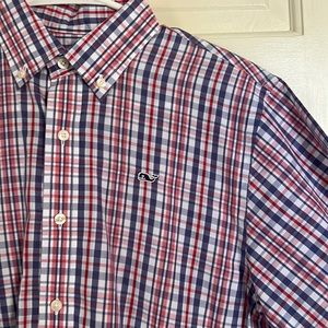 Vineyard Vines Whale Shirt YOUTH Medium Casual Long Sleeve pink/red/ Blue Plaid